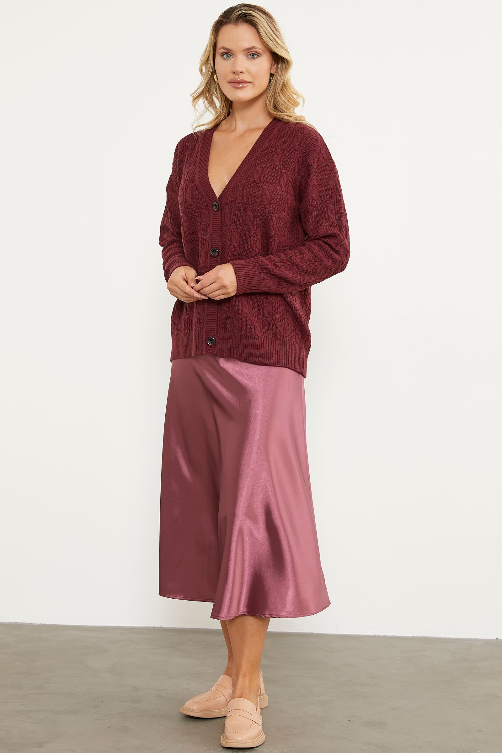 Düğmeli Saç Örgü Triko Hırka - Bordo (2) Sementa