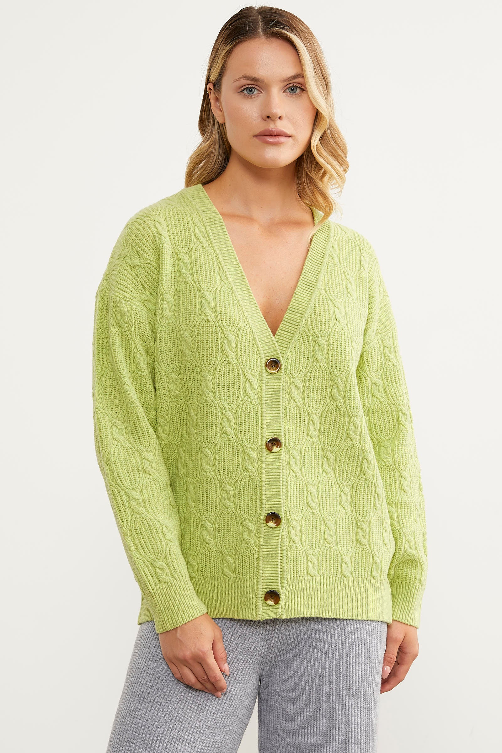 Düğmeli Saç Örgü Triko Hırka - Fıstık Yeşili (2) Sementa