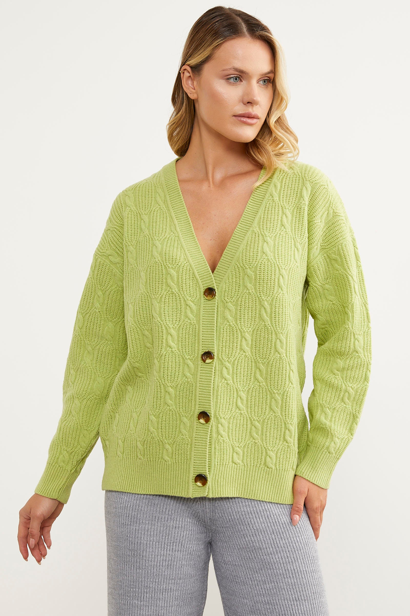 Düğmeli Saç Örgü Triko Hırka - Fıstık Yeşili (3) Sementa