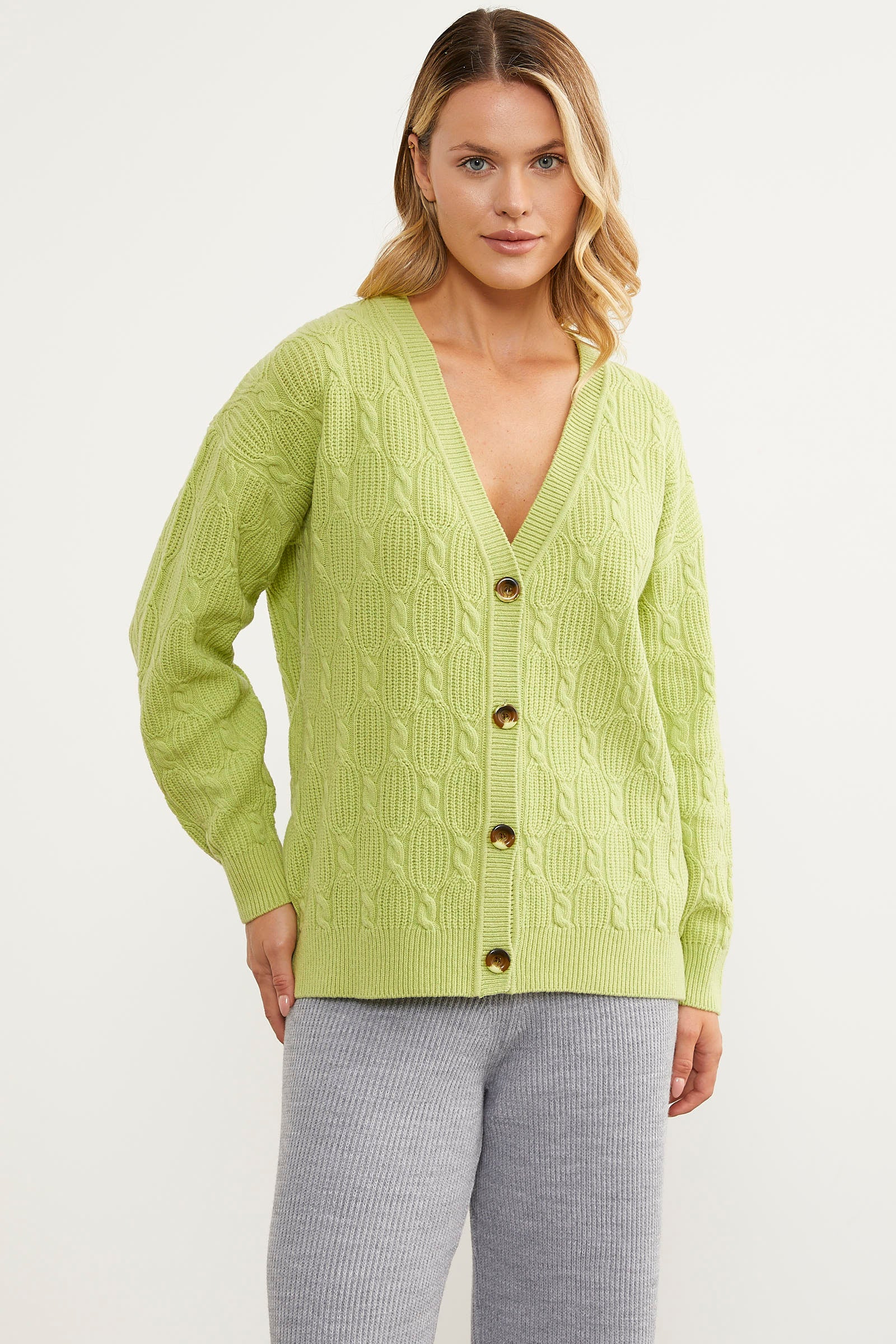 Düğmeli Saç Örgü Triko Hırka - Fıstık Yeşili (4) Sementa