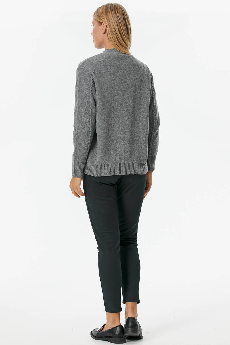 Düğmeli Saç Örgülü Triko Hırka - Gri (5) Sementa