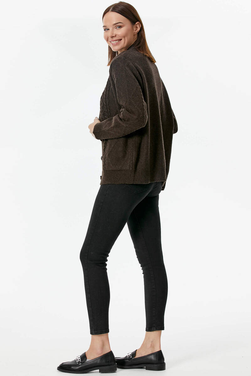 Düğmeli Saç Örgülü Triko Hırka - Kahve (5) Sementa