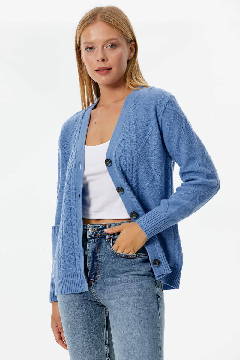 Düğmeli Saç Örgülü Triko Hırka - Mavi (4) Sementa