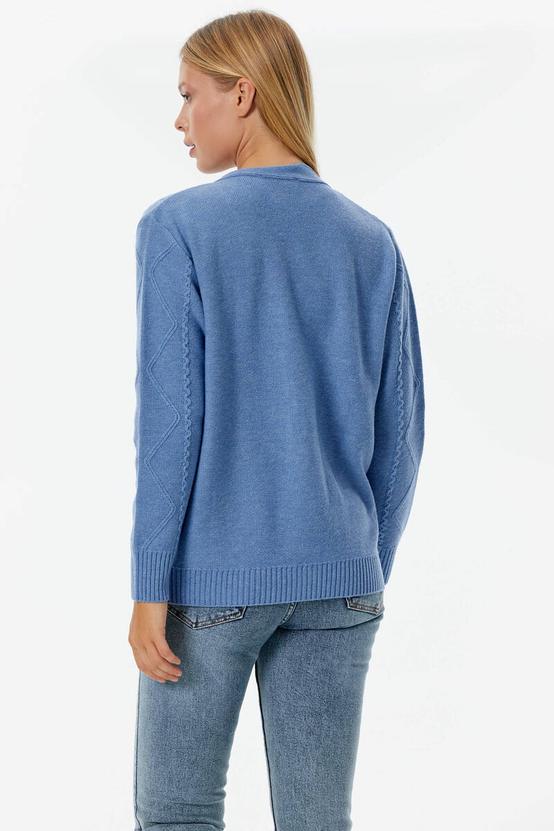 Düğmeli Saç Örgülü Triko Hırka - Mavi (5) Sementa