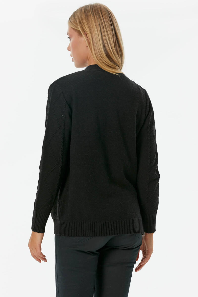 Düğmeli Saç Örgülü Triko Hırka - Siyah (4) Sementa