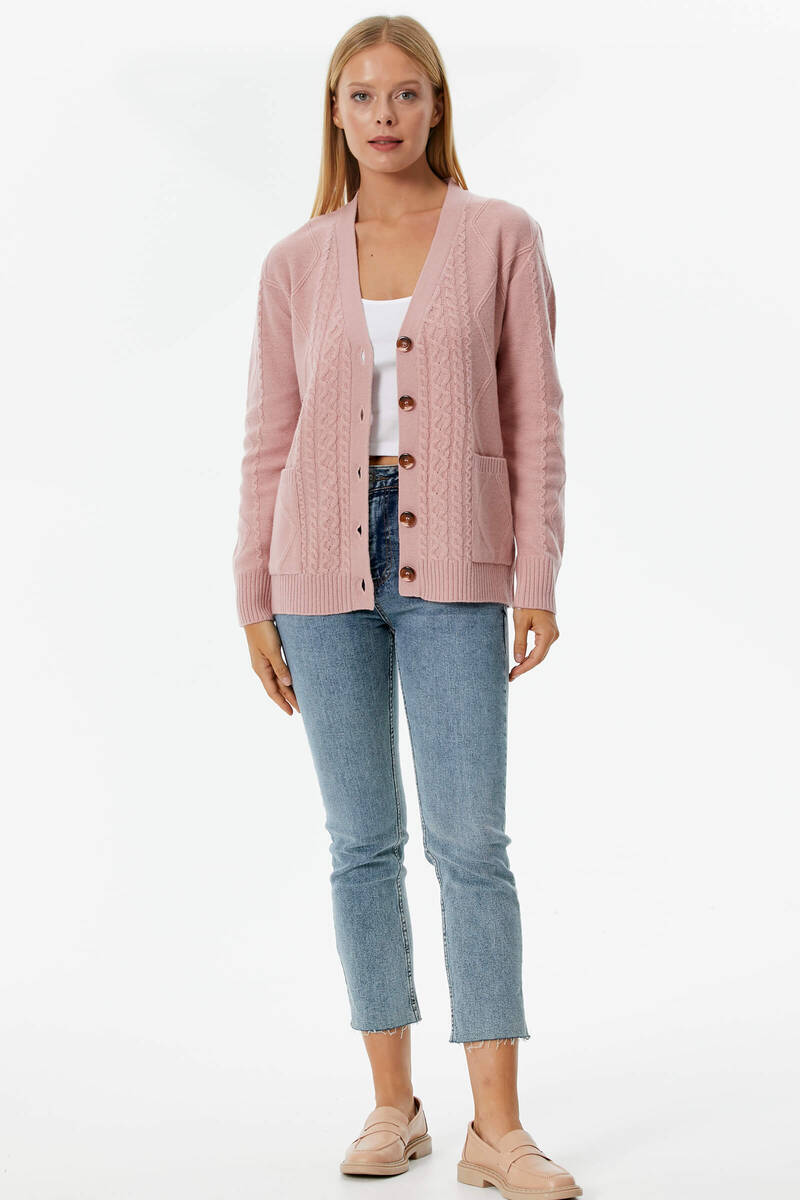 Düğmeli Saç Örgülü Triko Hırka - Somon (1) Sementa