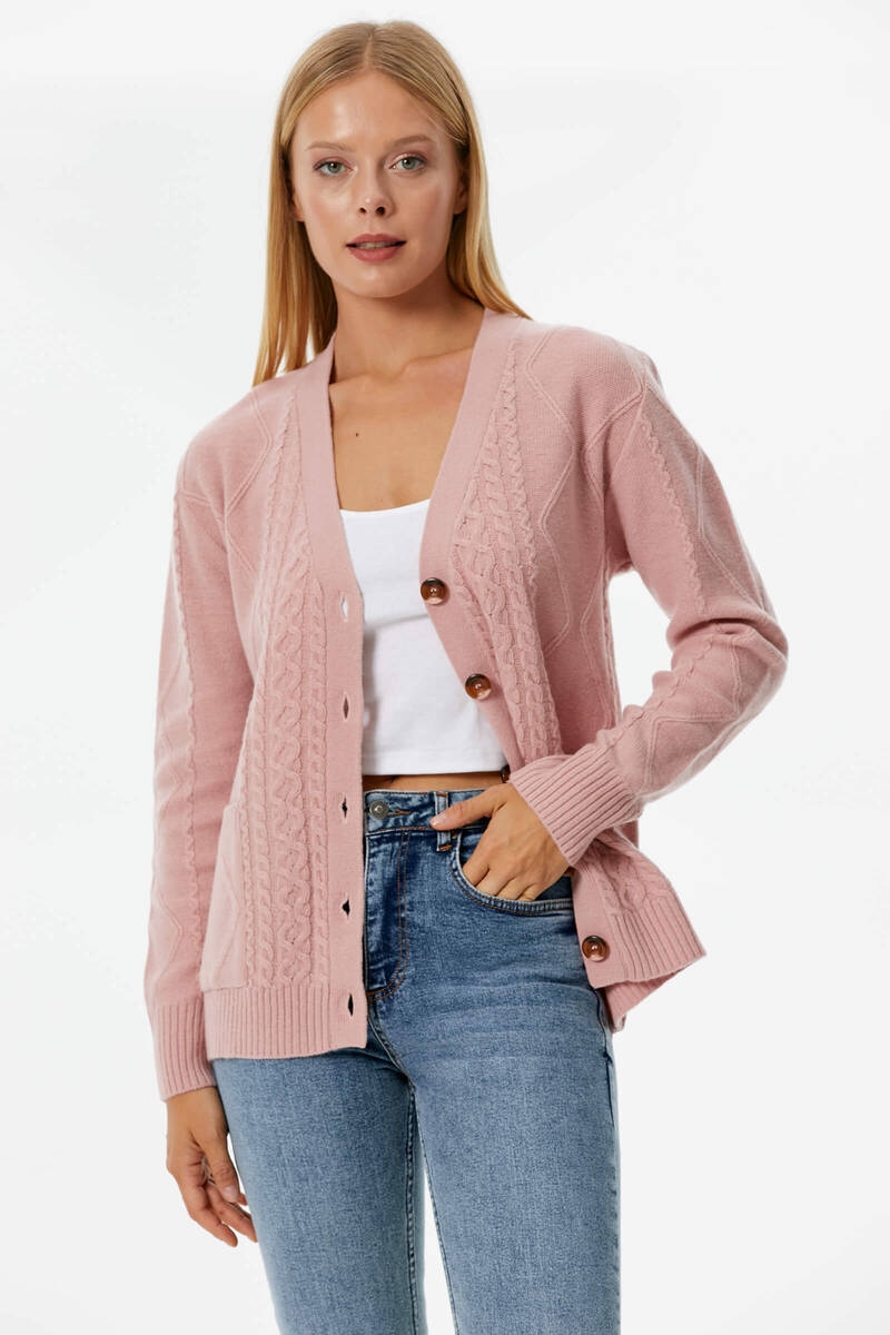 Düğmeli Saç Örgülü Triko Hırka - Somon (2) Sementa