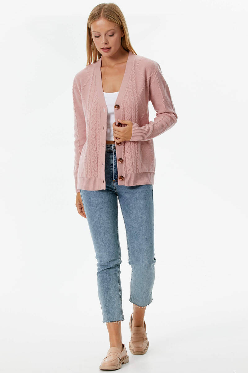 Düğmeli Saç Örgülü Triko Hırka - Somon (3) Sementa