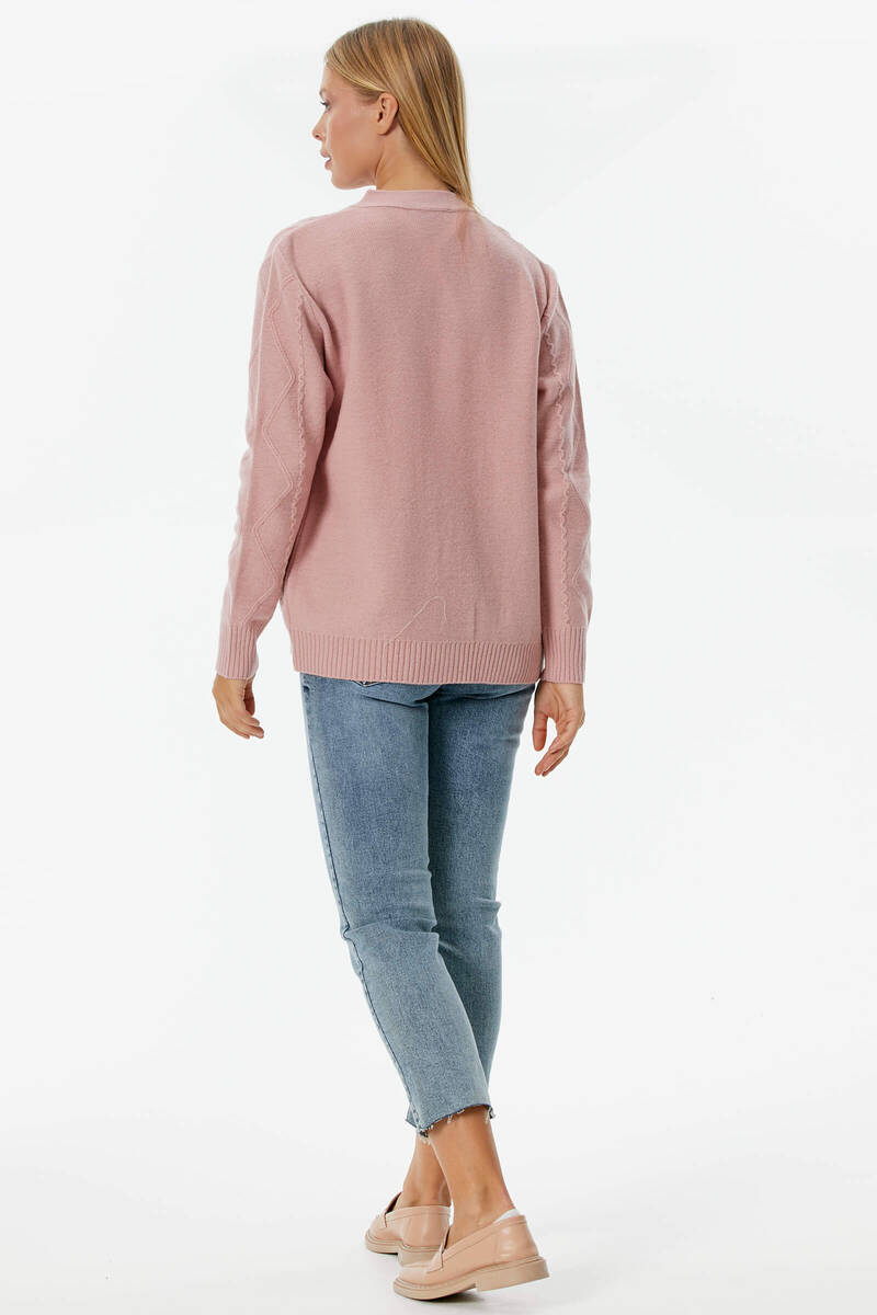 Düğmeli Saç Örgülü Triko Hırka - Somon (4) Sementa