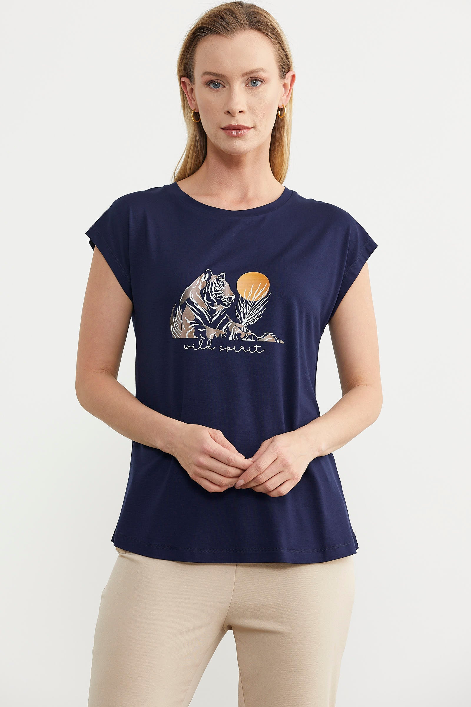 Düşük Kol Baskılı Viskon Tişört - Lacivert (2) Sementa