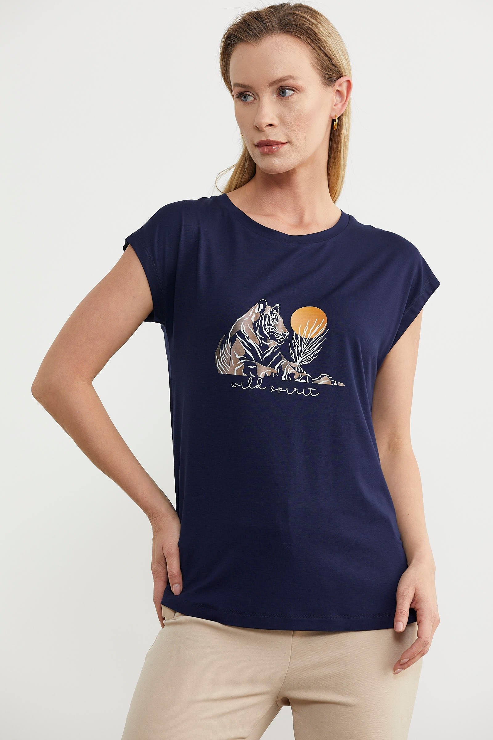 Düşük Kol Baskılı Viskon Tişört - Lacivert (3) Sementa