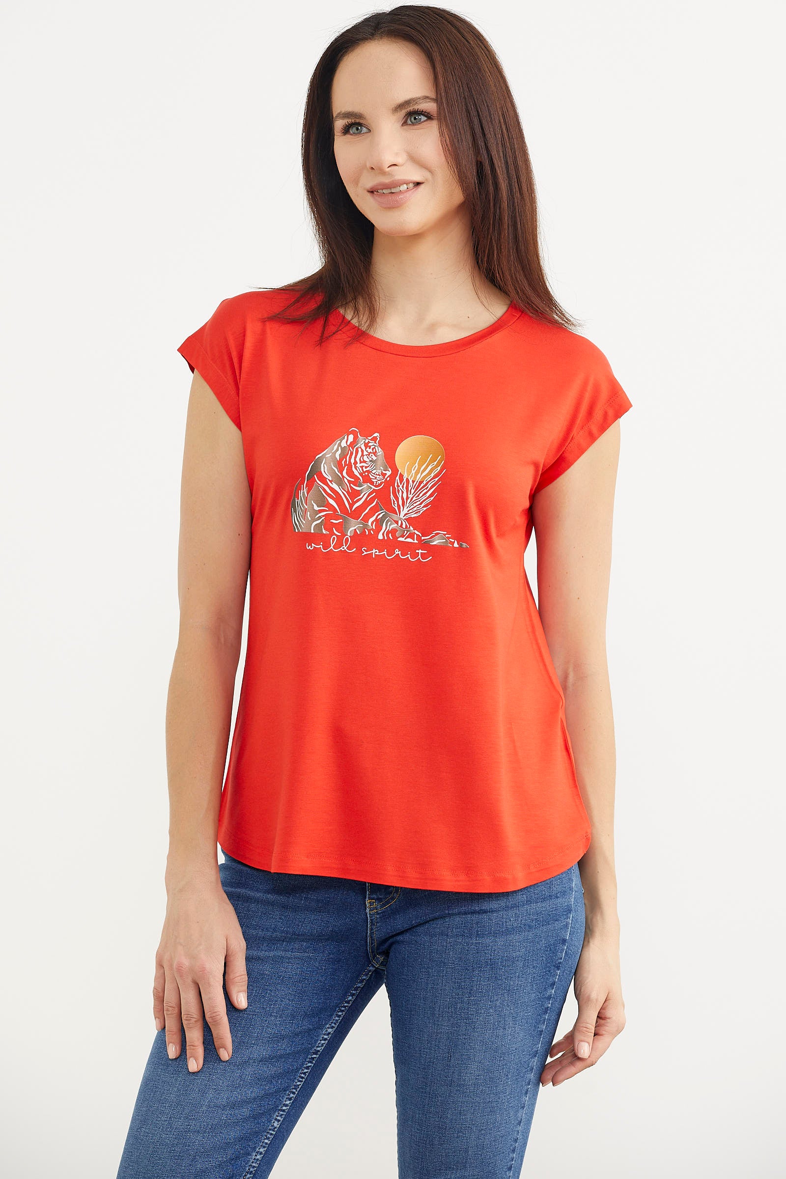 Düşük Kol Baskılı Viskon Tişört - Mercan (2) Sementa