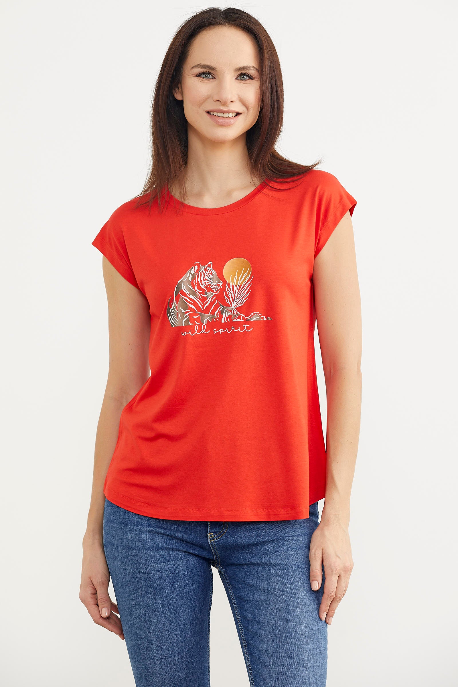 Düşük Kol Baskılı Viskon Tişört - Mercan (3) Sementa