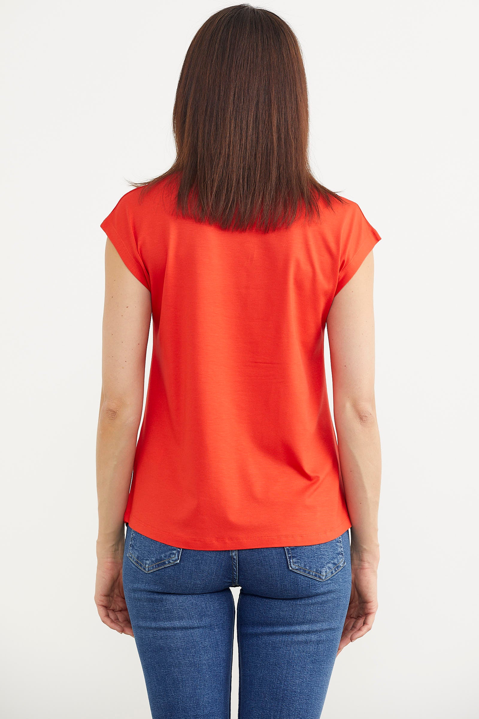 Düşük Kol Baskılı Viskon Tişört - Mercan (4) Sementa