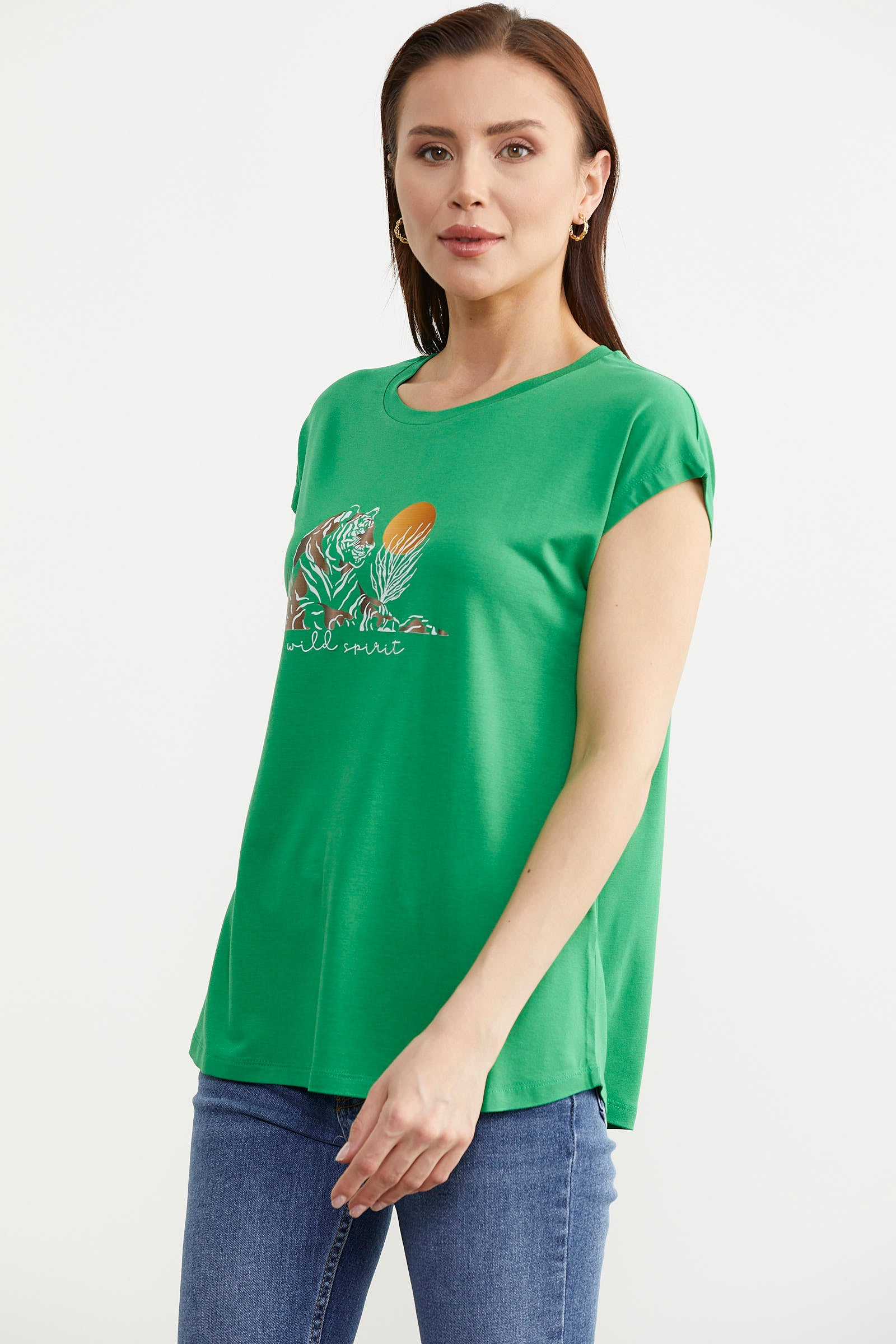 Düşük Kol Baskılı Viskon Tişört - Yeşil (2) Sementa