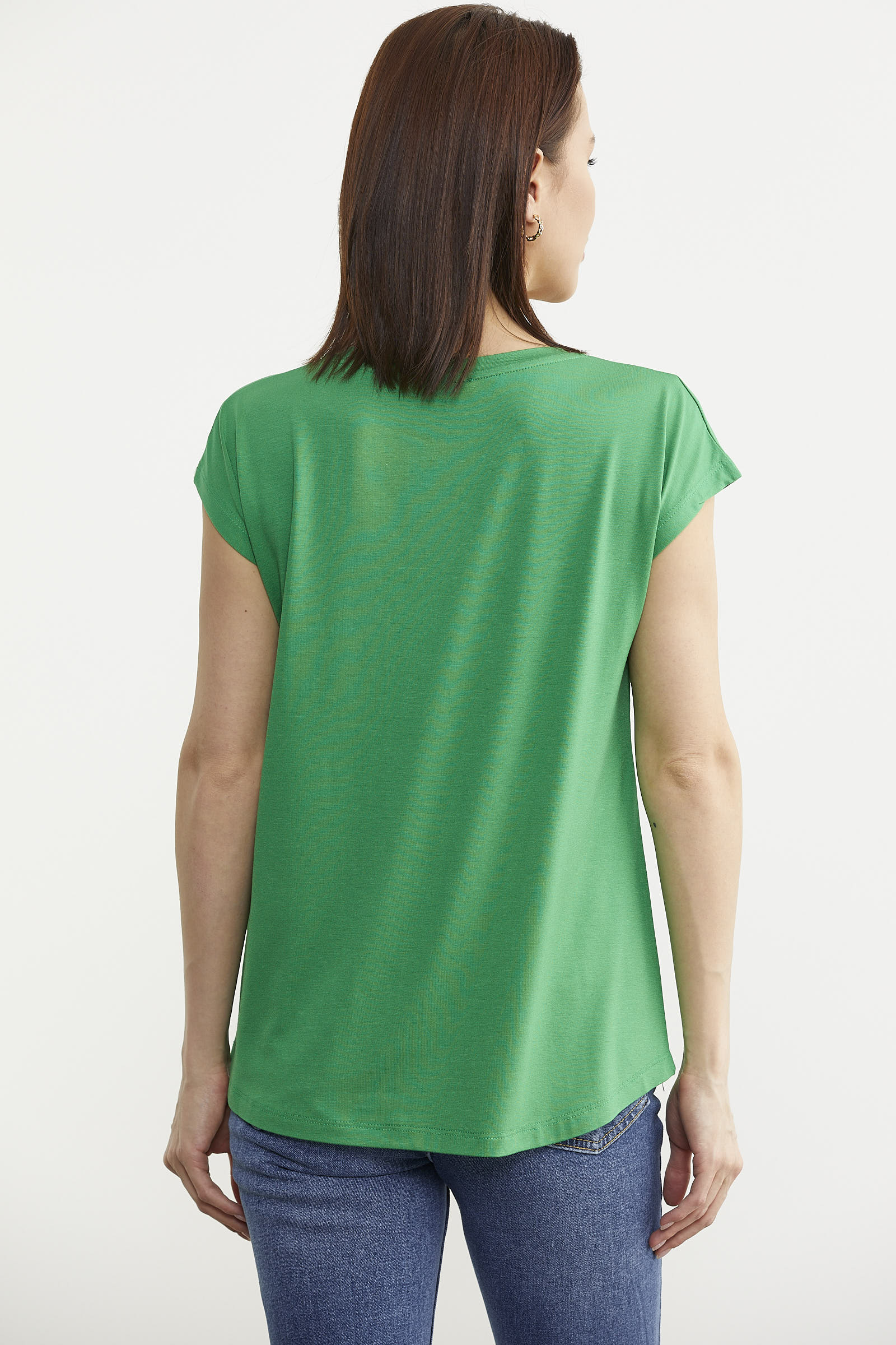 Düşük Kol Baskılı Viskon Tişört - Yeşil (5) Sementa