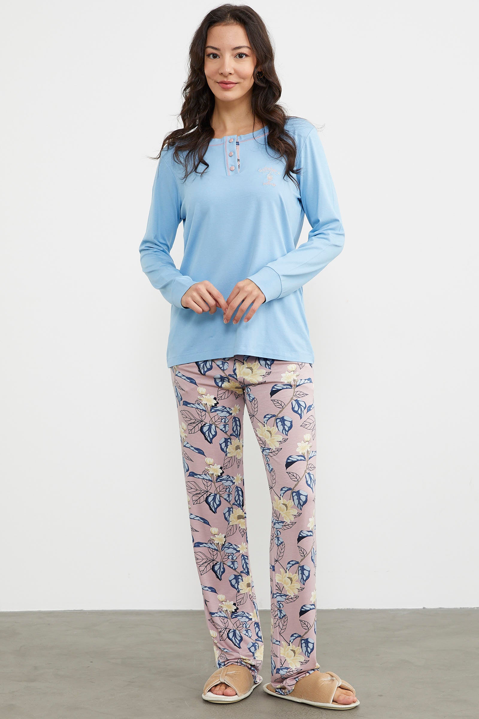 Düz Desenli Kombinli Pijama Takım - Mavi (2) Sementa