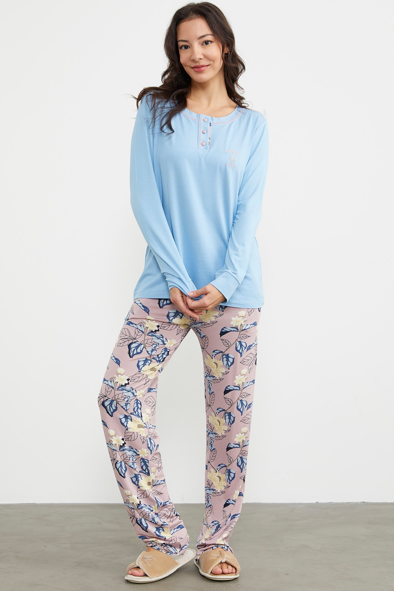 Düz Desenli Kombinli Pijama Takım - Mavi (4) Sementa