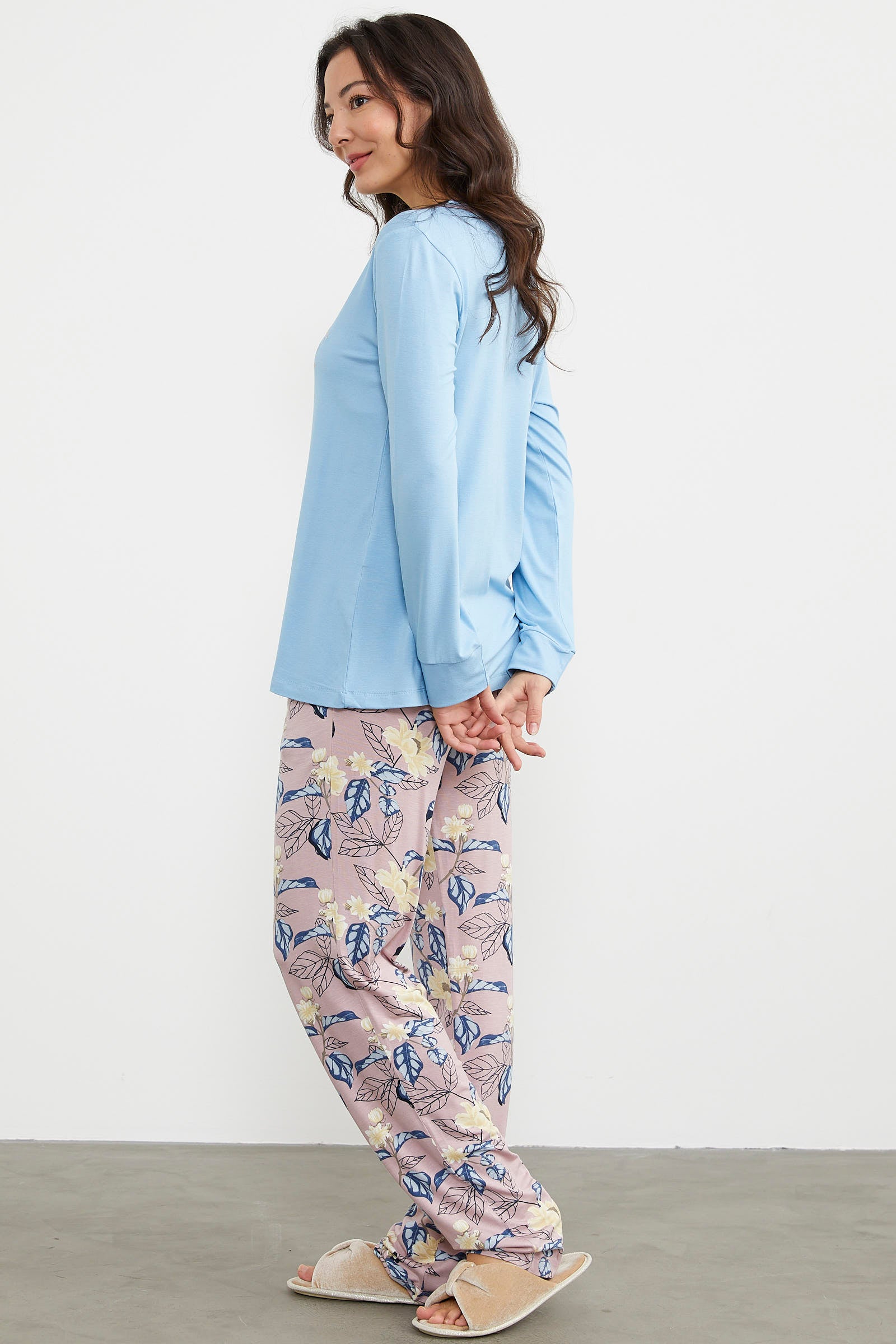 Düz Desenli Kombinli Pijama Takım - Mavi (5) Sementa