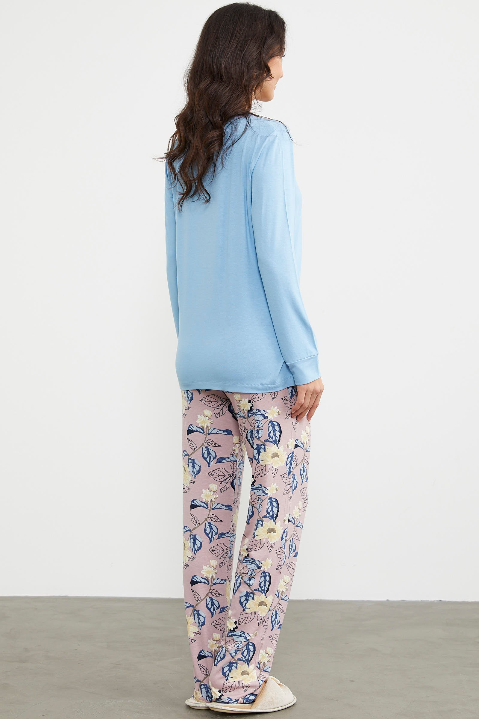 Düz Desenli Kombinli Pijama Takım - Mavi (6) Sementa