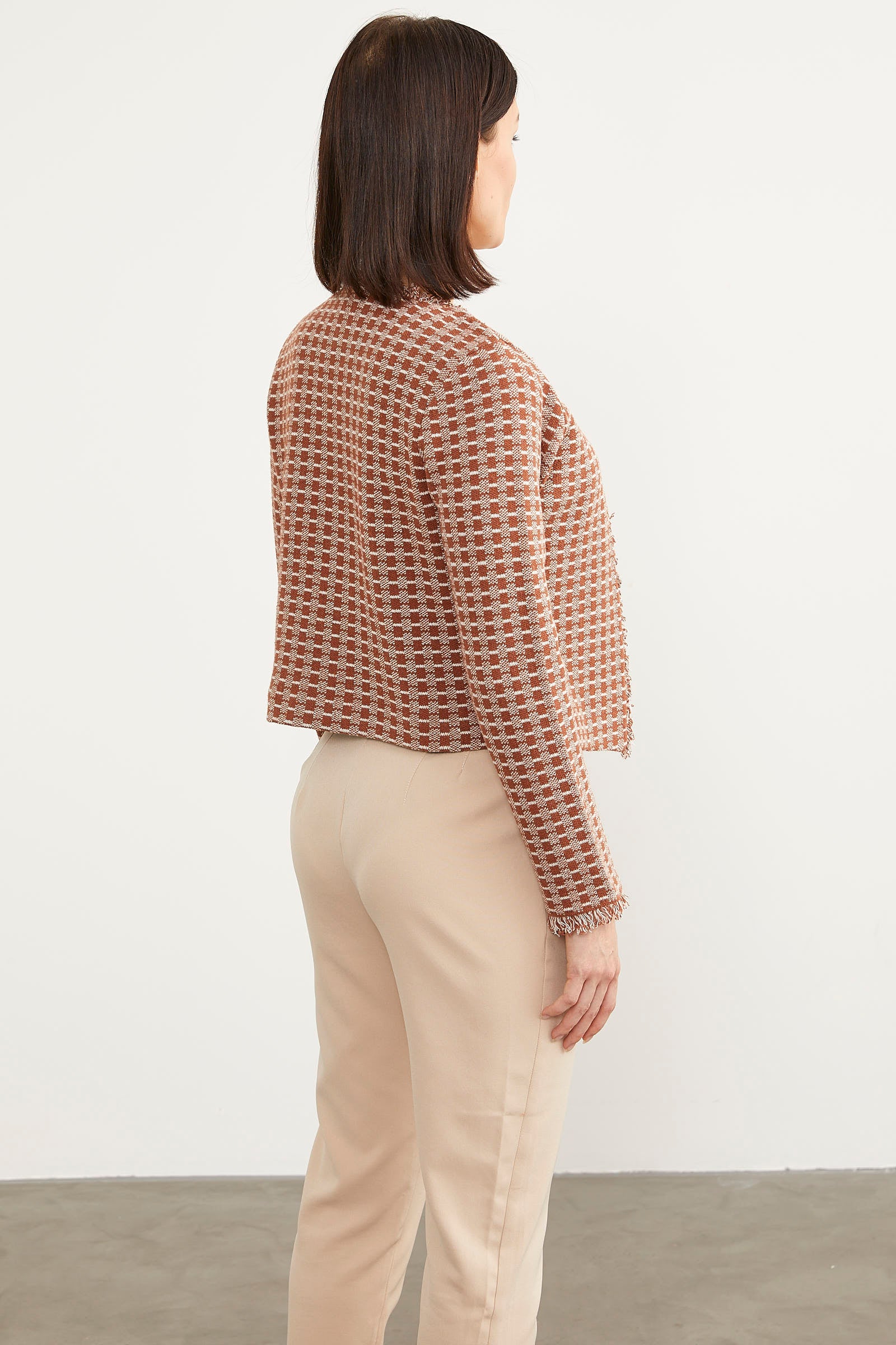 Ekose Desen Kısa Triko Ceket - Kiremit (5) Sementa