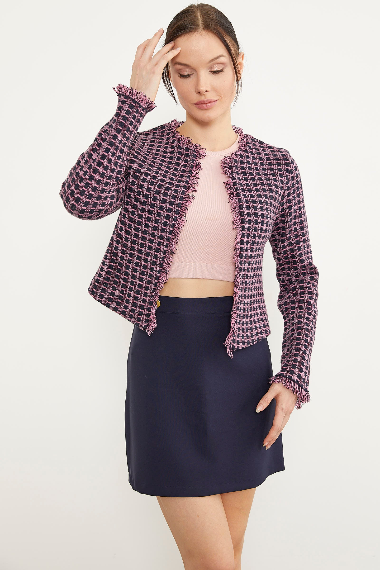 Ekose Desen Kısa Triko Ceket - Lacivert (2) Sementa