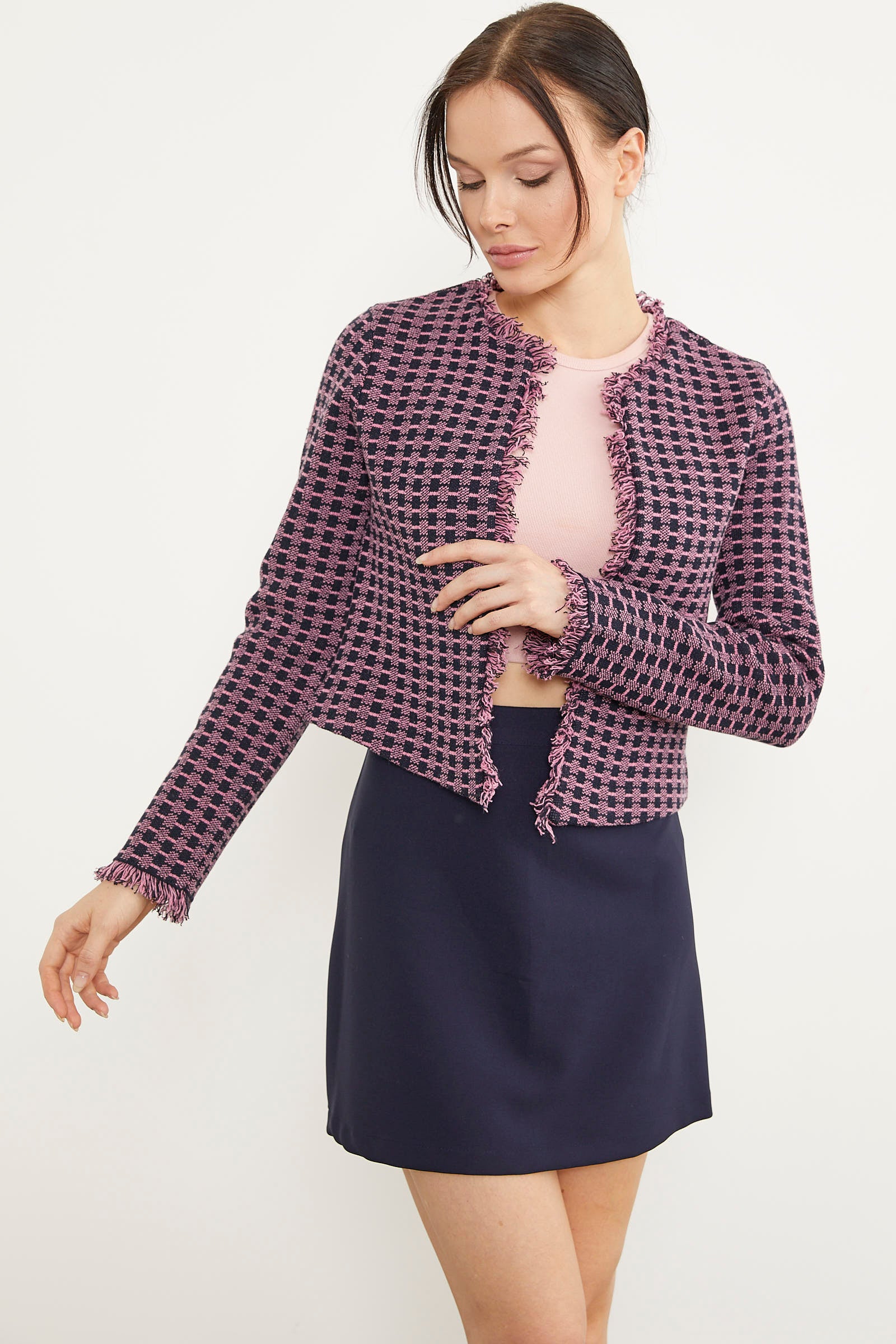 Ekose Desen Kısa Triko Ceket - Lacivert (3) Sementa