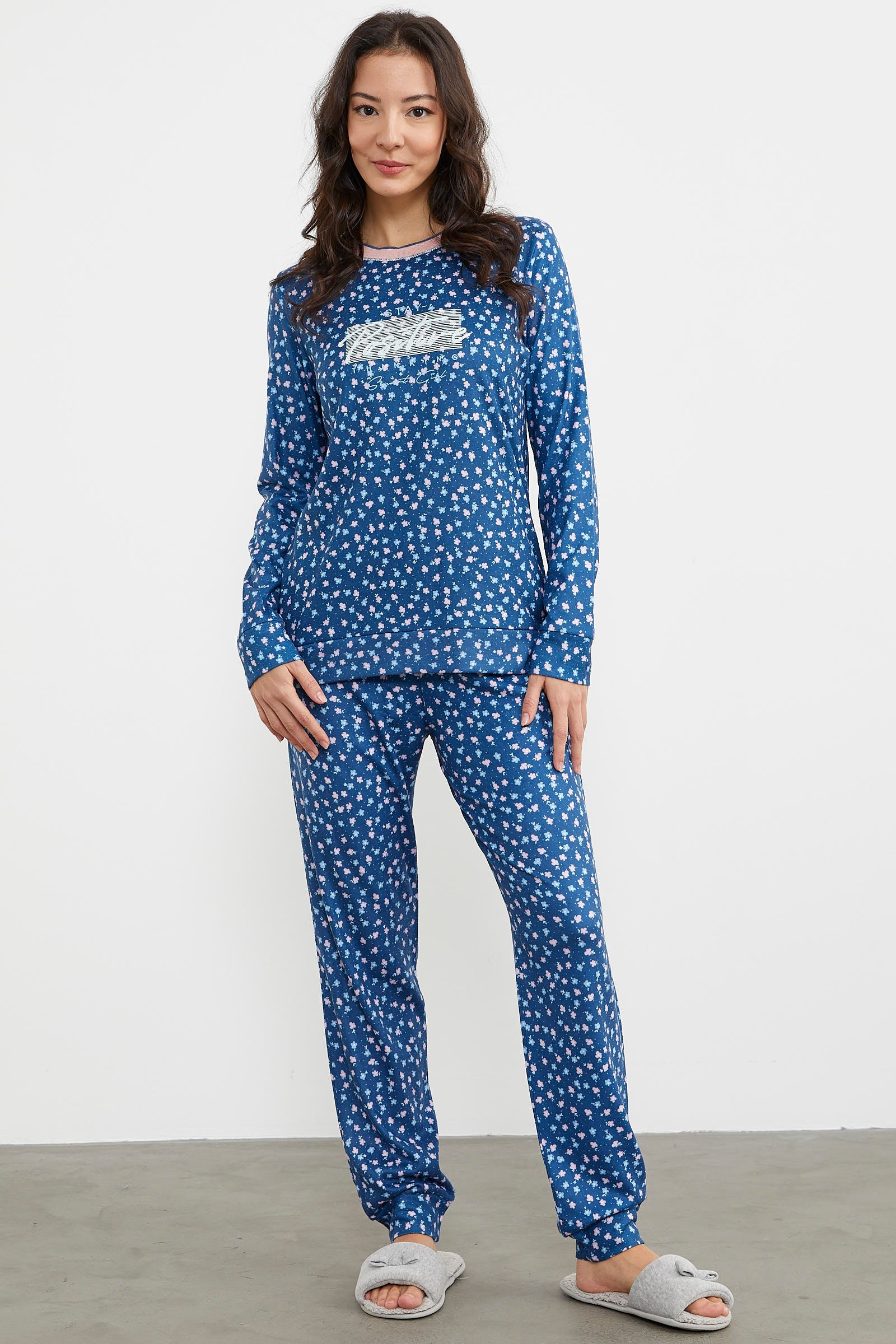 Çiçek Desen Renkli Pijama Takım - Lacivert (3) Sementa