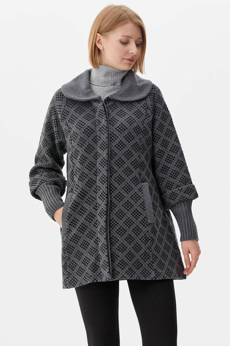 Ekose Desenli Triko Ceket - Gri (3) Sementa