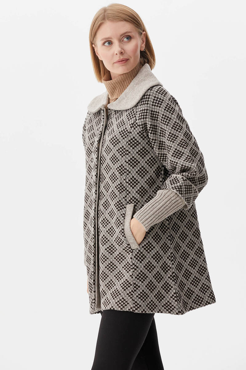 Ekose Desenli Triko Ceket - Vizon (3) Sementa