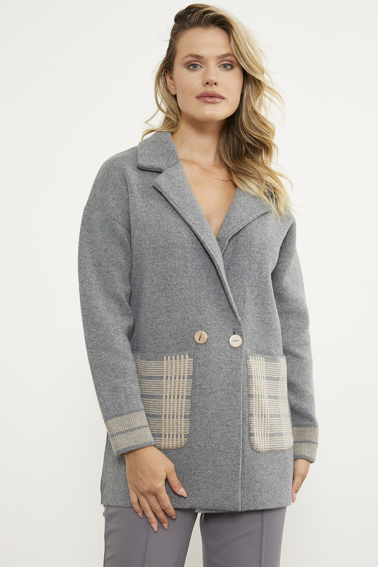 Ekose Detaylı Kruvaze Triko Ceket - Gri (3) Sementa