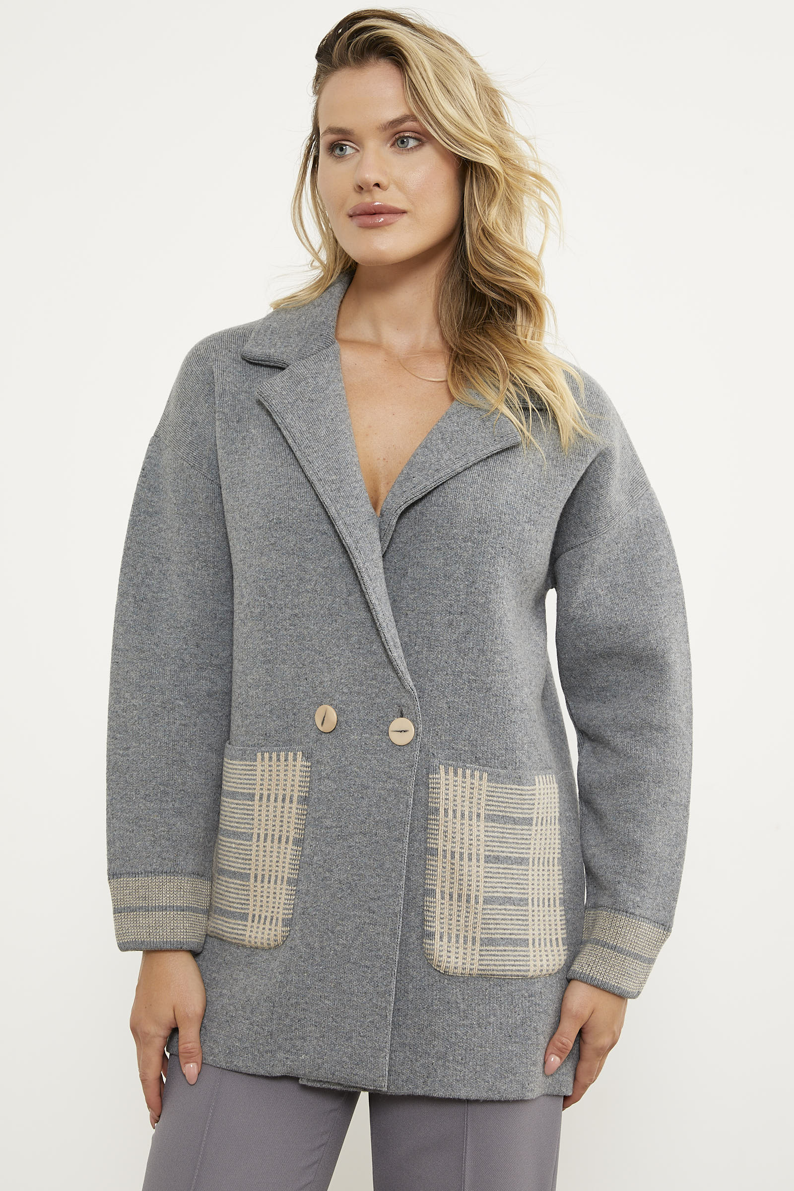 Ekose Detaylı Kruvaze Triko Ceket - Gri (5) Sementa