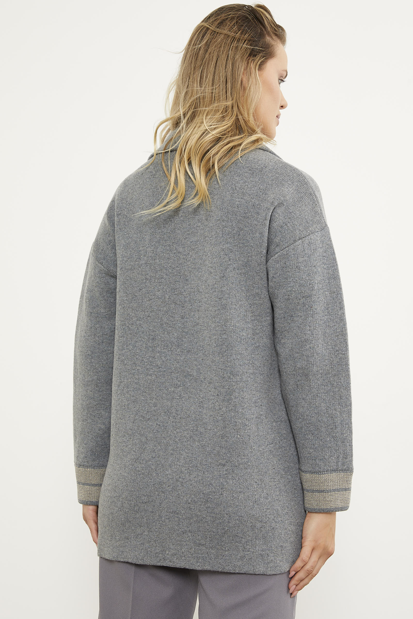 Ekose Detaylı Kruvaze Triko Ceket - Gri (7) Sementa