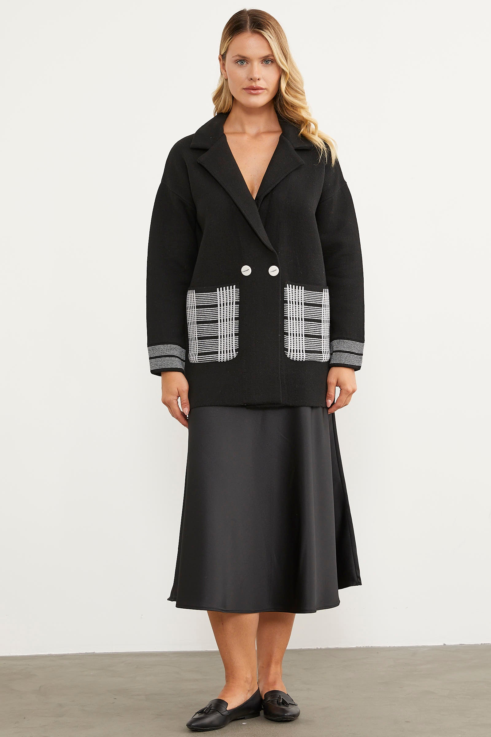 Ekose Detaylı Kruvaze Triko Ceket - Siyah (6) Sementa