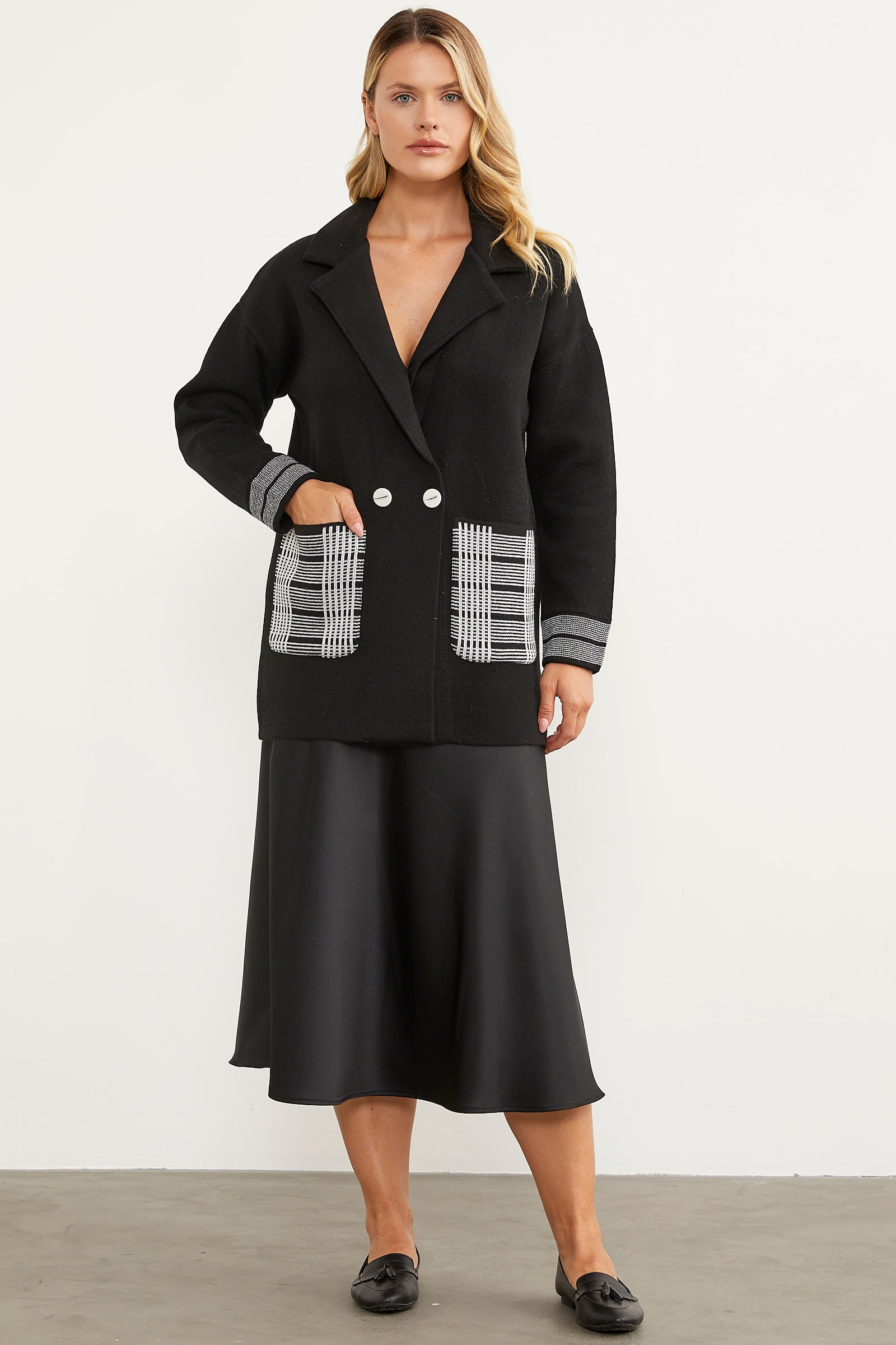 Ekose Detaylı Kruvaze Triko Ceket - Siyah (2) Sementa