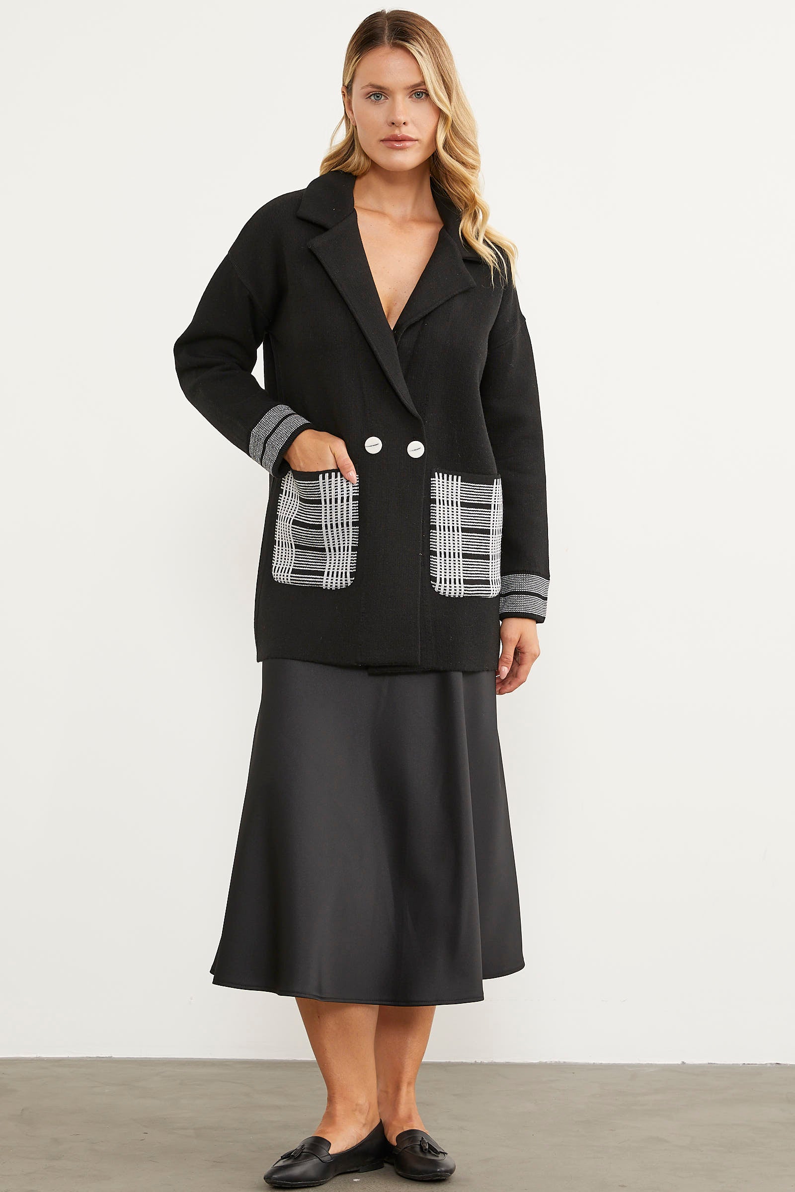 Ekose Detaylı Kruvaze Triko Ceket - Siyah (3) Sementa