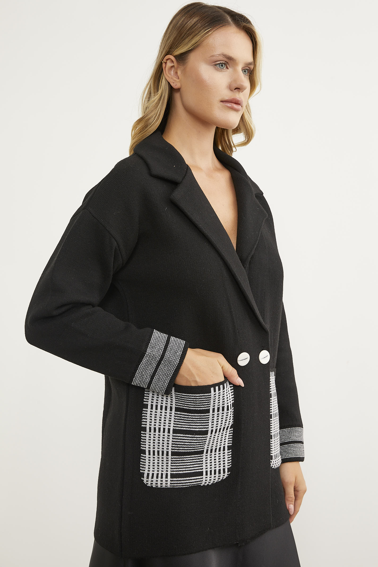 Ekose Detaylı Kruvaze Triko Ceket - Siyah (7) Sementa