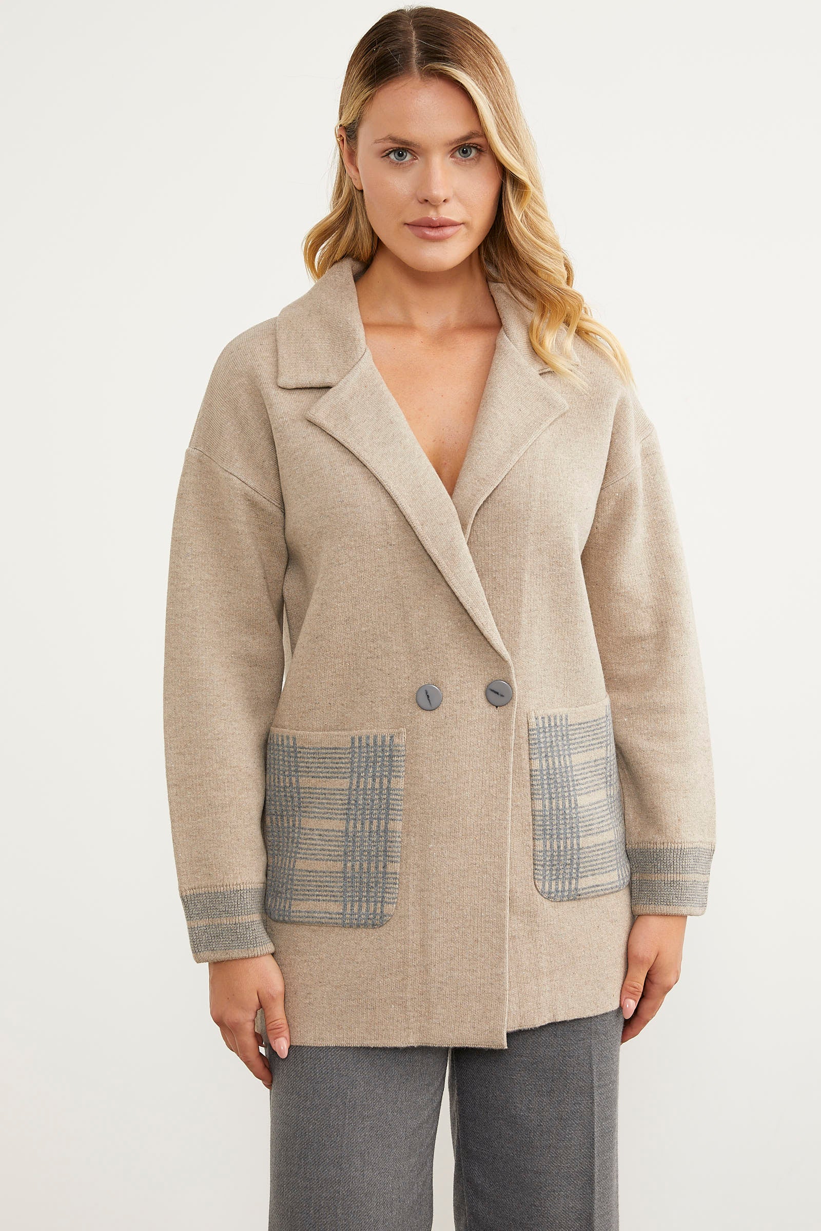 Ekose Detaylı Kruvaze Triko Ceket - Vizon (4) Sementa