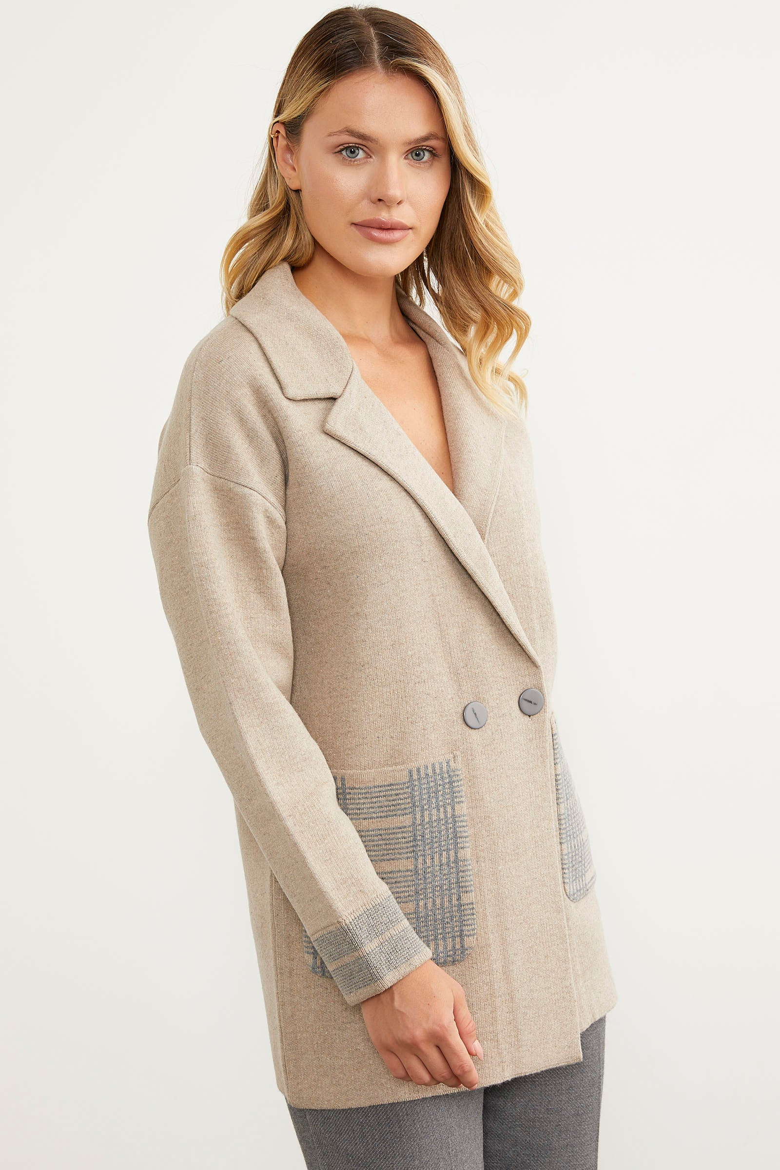 Ekose Detaylı Kruvaze Triko Ceket - Vizon (2) Sementa