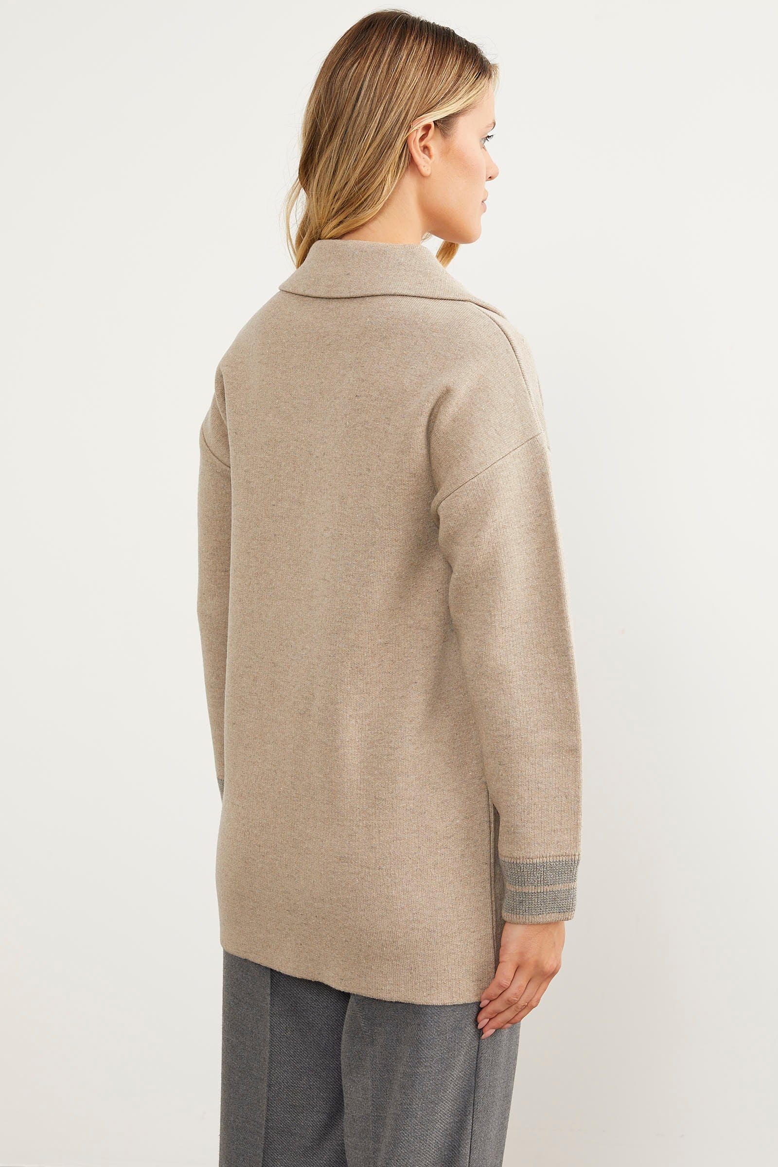 Ekose Detaylı Kruvaze Triko Ceket - Vizon (6) Sementa