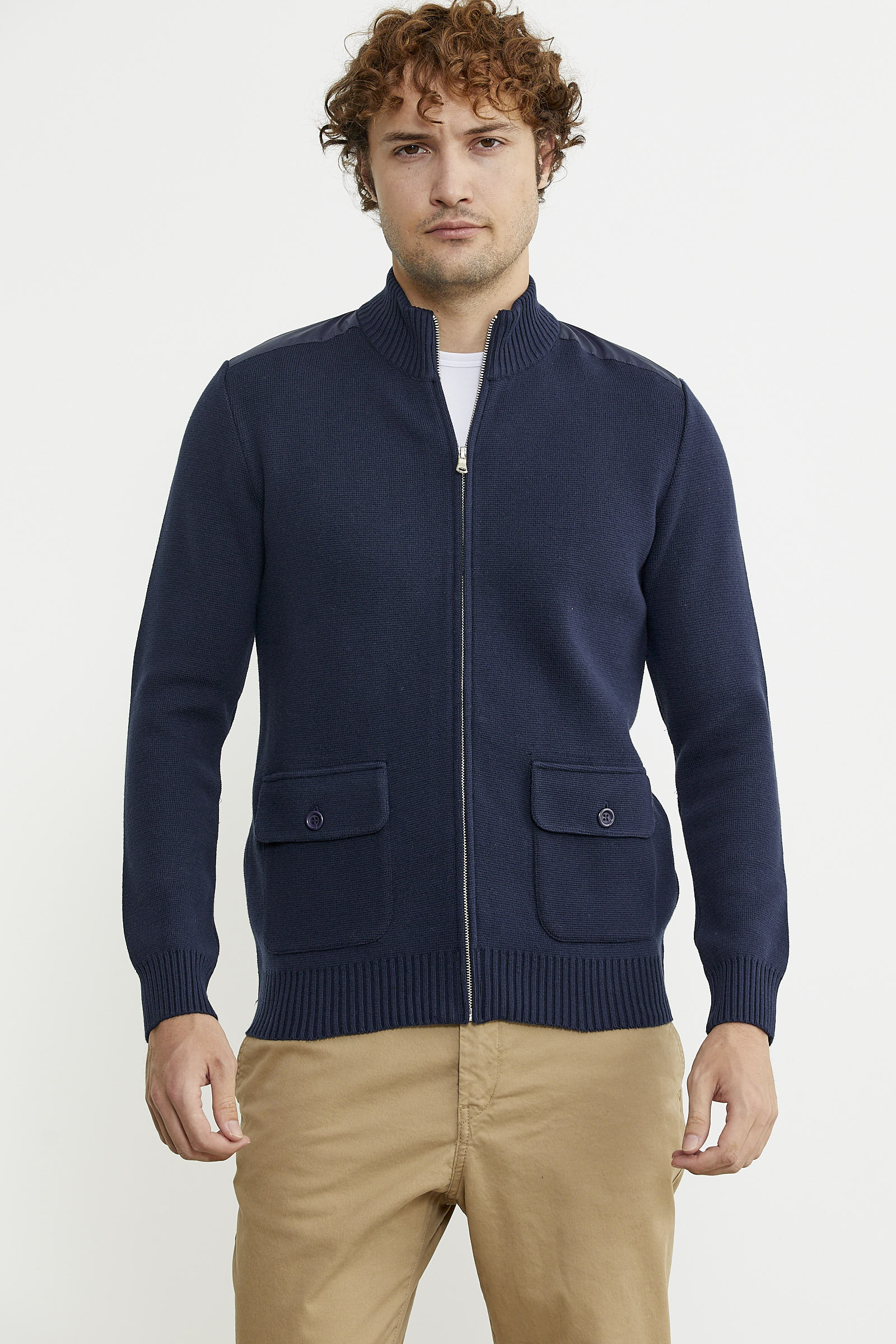 Yünlü Dik Yaka Fermuarlı Cepli Triko Mont - Lacivert - Sementa