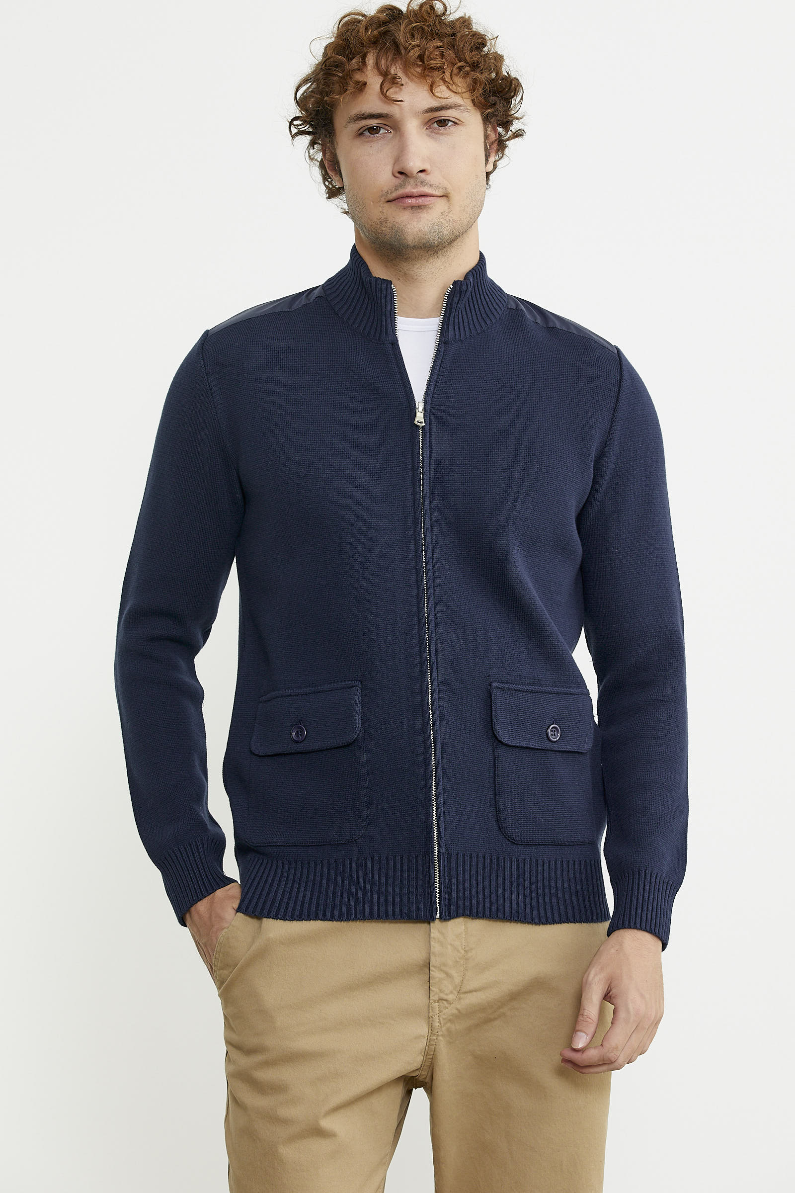 Yünlü Dik Yaka Fermuarlı Cepli Triko Mont - Lacivert - Sementa