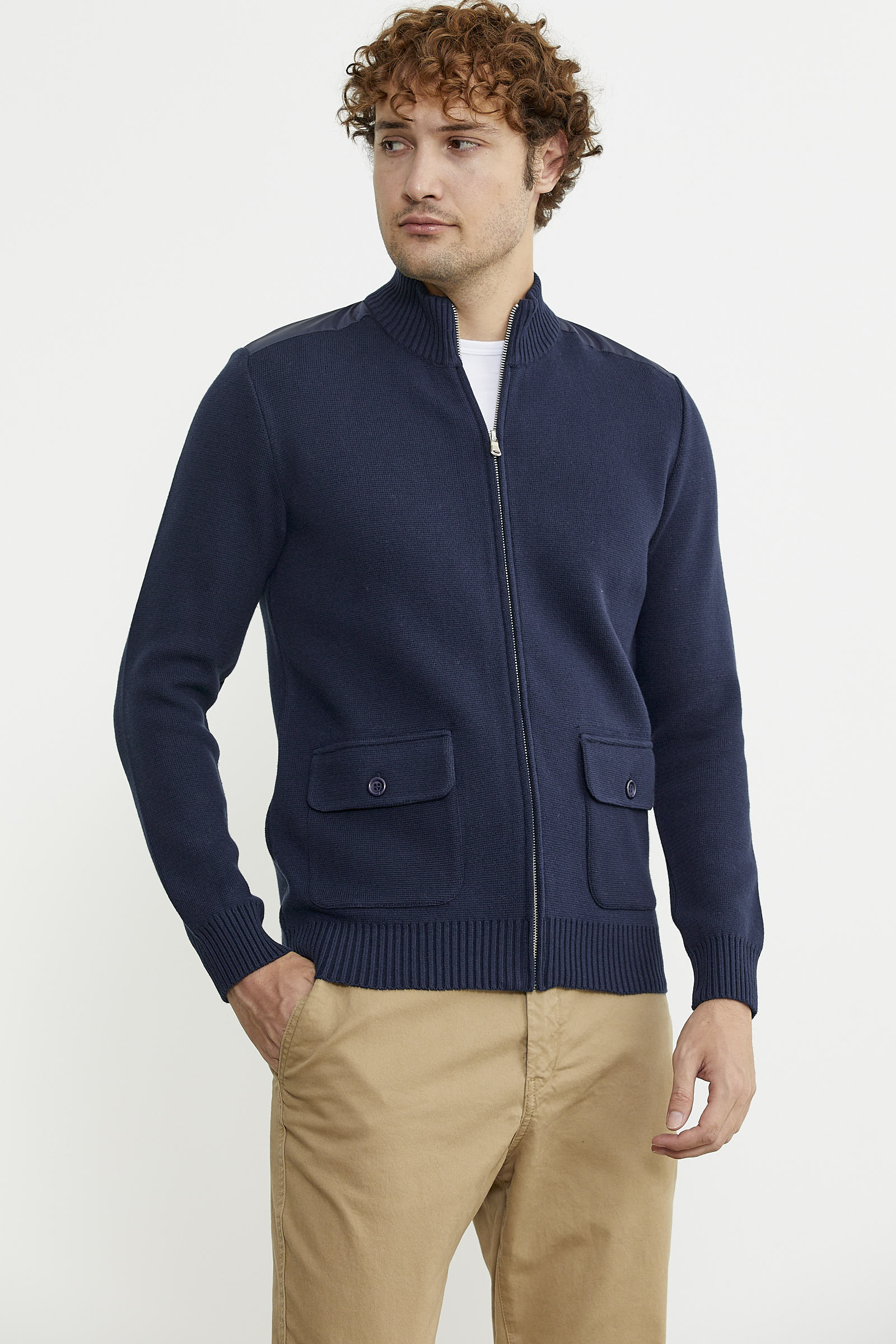 Yünlü Dik Yaka Fermuarlı Cepli Triko Mont - Lacivert - Sementa