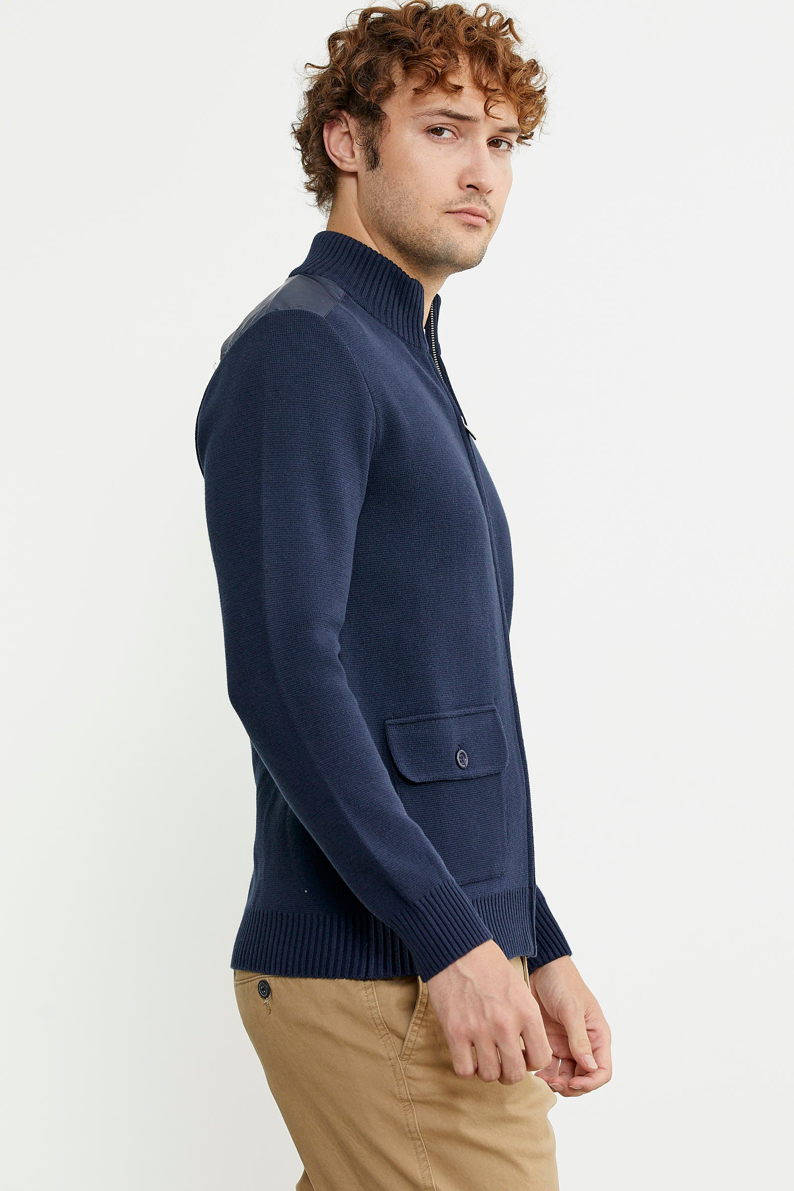 Yünlü Dik Yaka Fermuarlı Cepli Triko Mont - Lacivert - Sementa