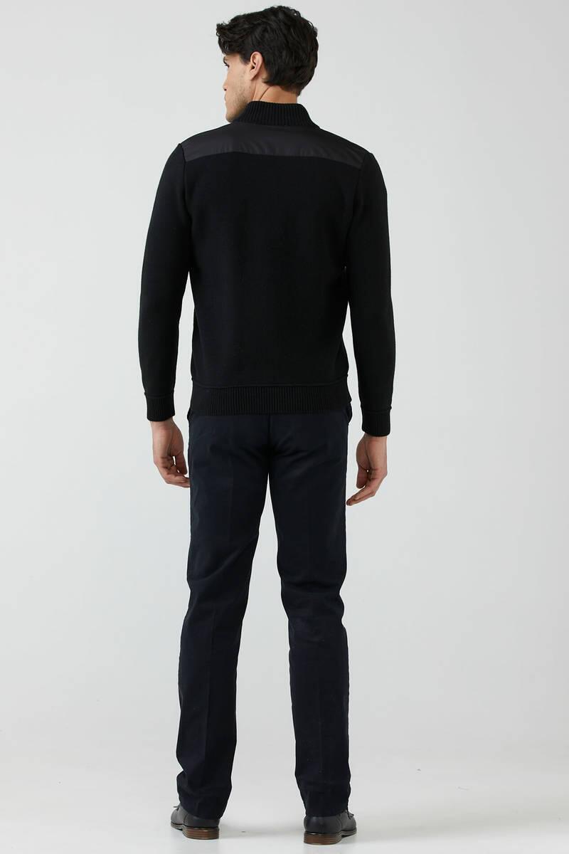 Erkek Dik Yaka Fermuarlı Cepli Triko Mont - Siyah (4) Sementa