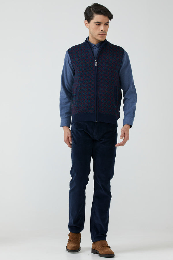 Erkek Dik Yaka Fermuarlı Cepli Triko Yelek - Lacivert - Bordo (5) Sementa