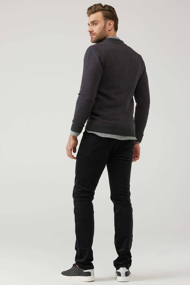 Erkek Fermuarlı Cepli Triko Hırka - Antrasit - Mor (4) Sementa