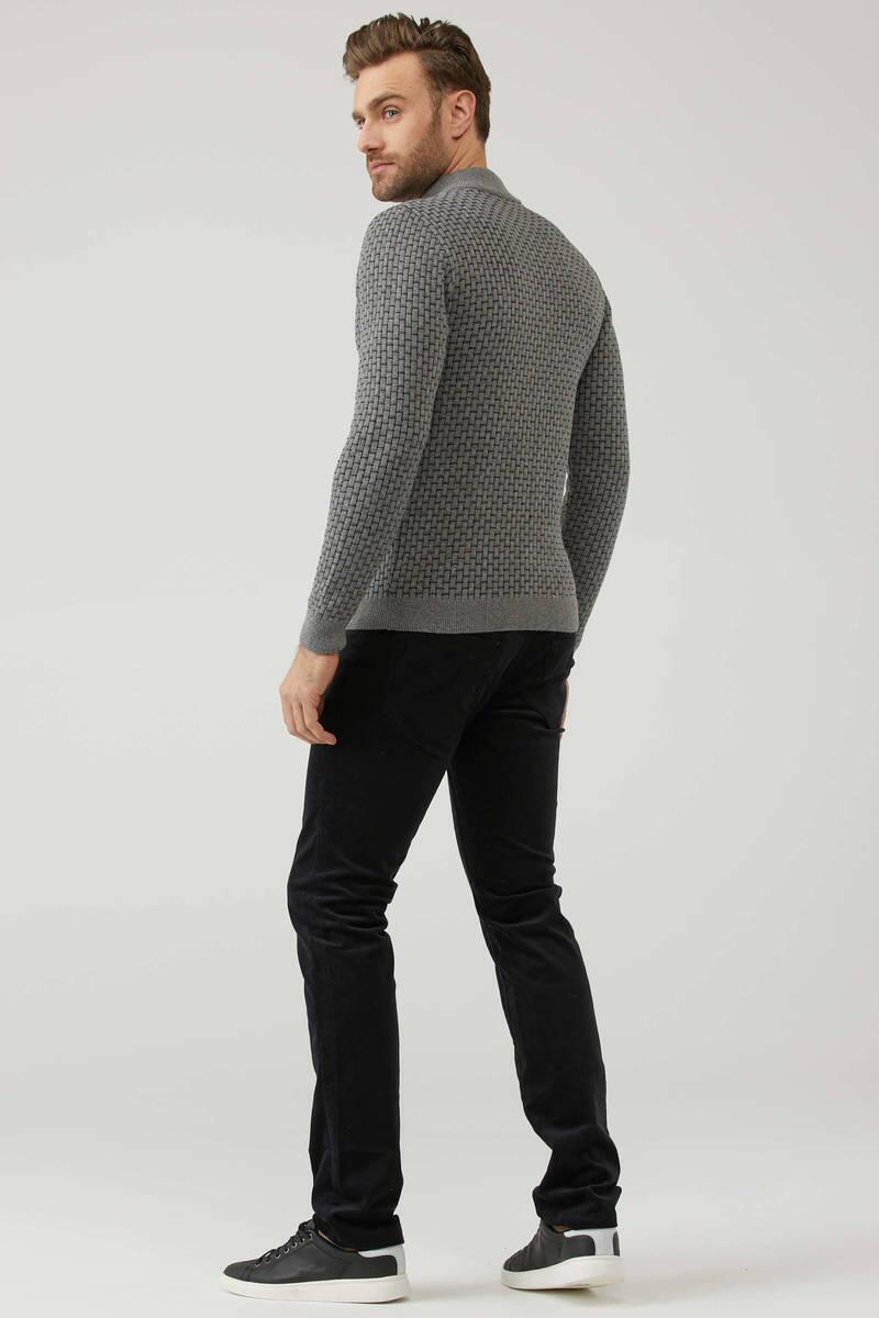 Erkek Fermuarlı Cepli Triko Hırka - Gri - Siyah (4) Sementa