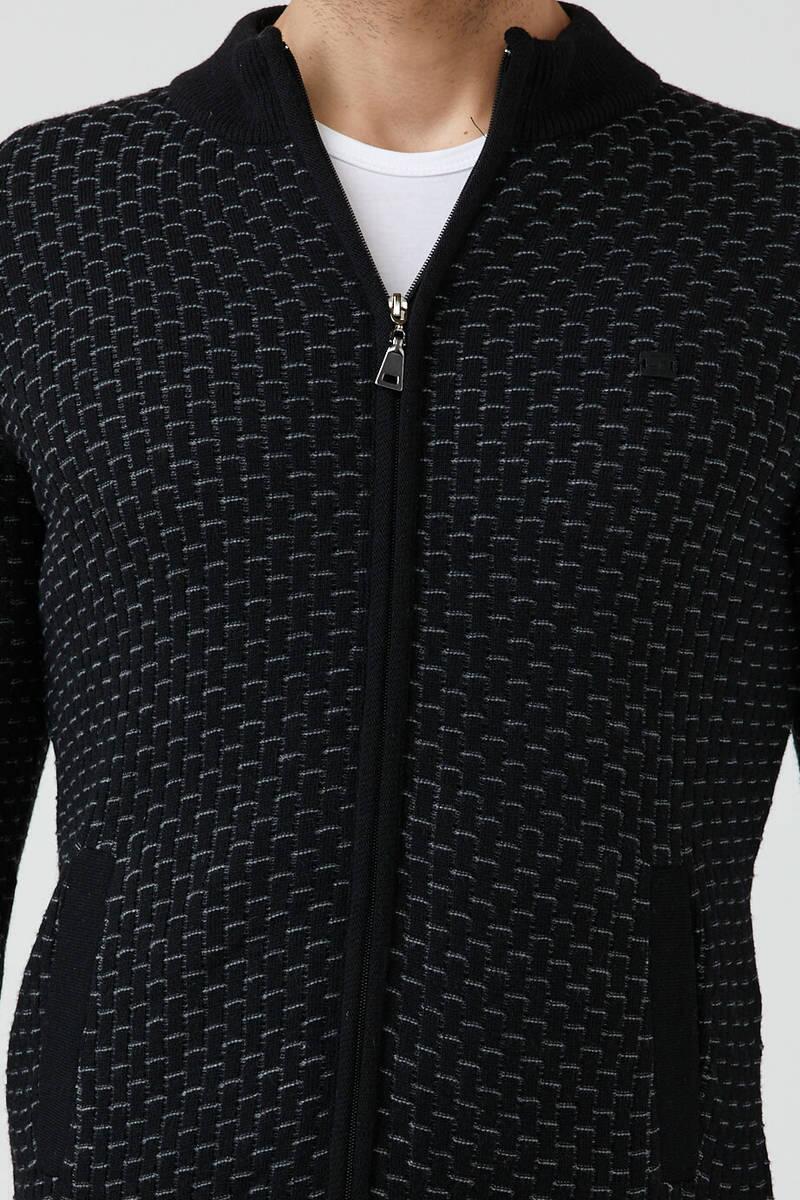 Erkek Fermuarlı Cepli Triko Hırka - Siyah - Gri (4) Sementa