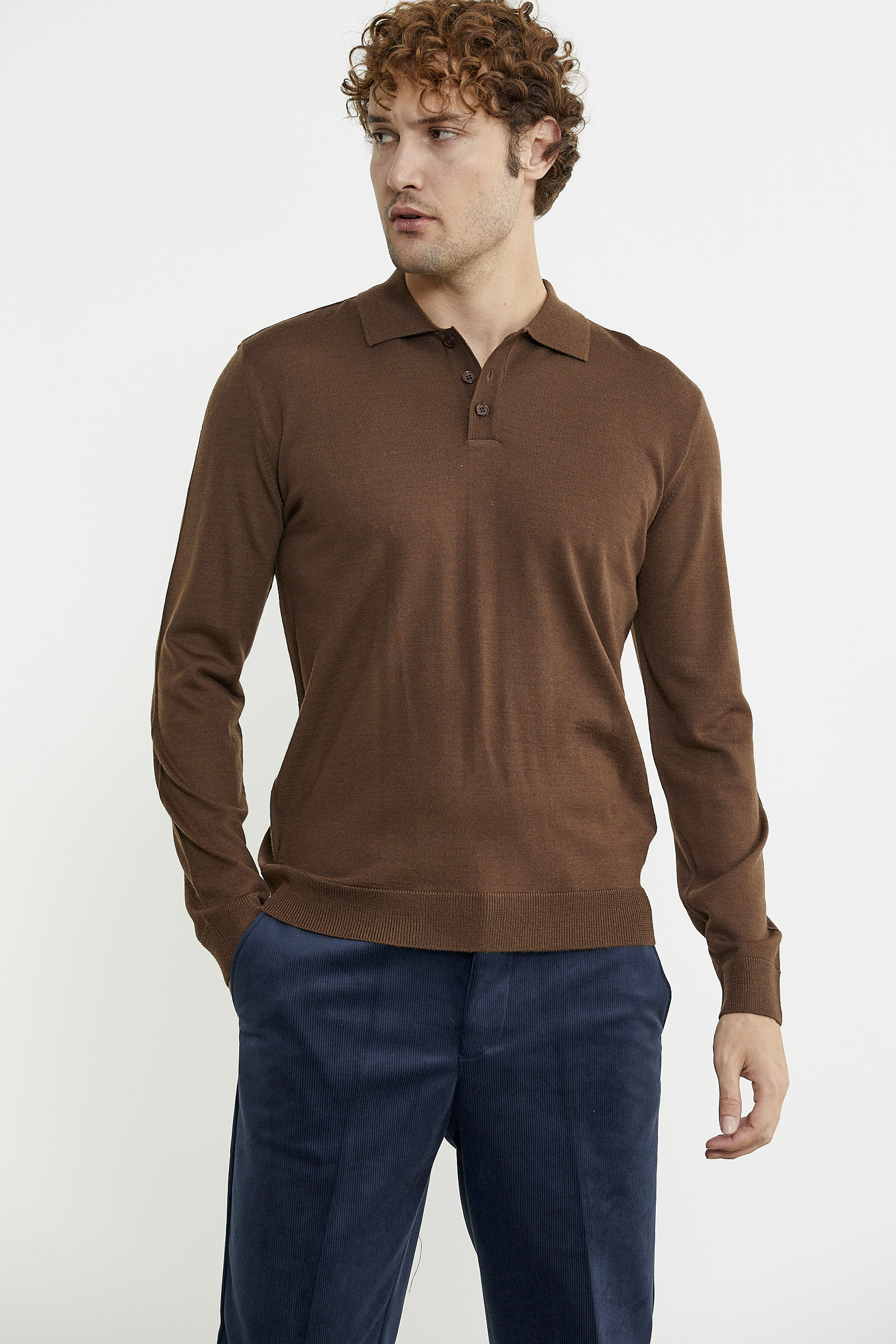 Erkek Polo Yaka Triko Kazak - Kahve - Sementa